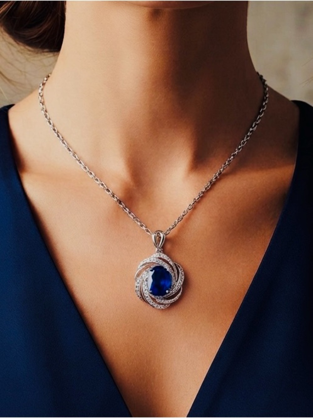 Women’s Silver Necklace with Blue gem